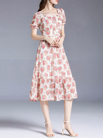 Maxikleider Kurzarm Rosa Blumendruck Rüschen Polyester Langes Kleid mit quadratischem Hals