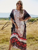Maxikleider Kurzarm Schwarz bedrucktes Muster Jewel Neck Split Front Stretch Polyester bodenlanges Kleid