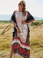 Maxikleider Kurzarm Schwarz bedrucktes Muster Jewel Neck Split Front Stretch Polyester bodenlanges Kleid