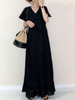 Maxikleider Kurzarm V-Ausschnitt Knöpfe Polyester Schwarz Langes Kleid