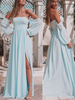 Maxikleider Langarm Baby Blue Trägerlos Ausgeschnitten Mini Offene Schulter Polyester Langes Kleid