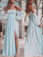Maxikleider Langarm Baby Blue Trägerlos Ausgeschnitten Mini Offene Schulter Polyester Langes Kleid