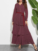 Maxikleider Langarm Burgunder Polka Dot V-Ausschnitt Schnürschichten Chiffon bodenlanges Kleid