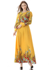 Maxikleider Langarm Gelb Blumendruck Jewel Neck Polyester Langes Kleid