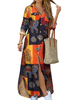Maxikleider Langarm Gelb Plaid Bedrucktes Turndown-Halsband Polyester Bodenlanges Kleid
