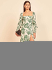 Maxikleider Langarm Grüner Blumendruck Maxi-Kleid mit Bateau-Ausschnitt