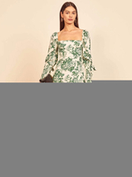 Maxikleider Langarm Grüner Blumendruck Maxi-Kleid mit Bateau-Ausschnitt