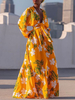 Maxikleider Langarm Kleid mit Blumendruck und V-Ausschnitt