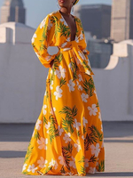 Maxikleider Langarm Kleid mit Blumendruck und V-Ausschnitt