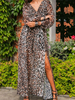 Maxikleider Langarm Kleid mit Leopardenmuster und V-Ausschnitt aus Chiffon