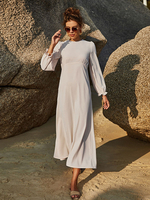 Maxikleider Langarm Leichte Aprikosen Juwelenhals Plissee Asymmetrisches Polyester bodenlanges Kleid