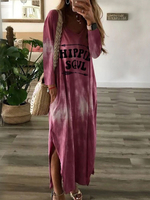Maxikleider Langarm Lila Buchstaben Print Sweetheart Neck Split Front Oversized Polyester Long Dress
