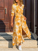 Maxikleider Langarm Orangen Blumendruck Turndown Kragen Knöpfe Split Polyester Langes Kleid