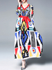 Maxikleider Langarm-Partykleid mit V-Ausschnitt und geometrischem Aufdruck