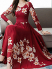 Maxikleider Langarm Rote Juwelenhals Floral Polyester Langes Kleid