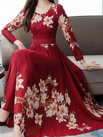 Maxikleider Langarm Rote Juwelenhals Floral Polyester Langes Kleid