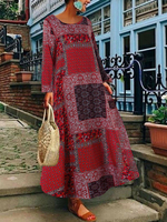 Maxikleider Langarm Rote Juwelenhals Polyester Bodenlanges Kleid