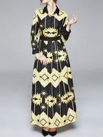 Maxikleider Langarm Schwarz Bedrucktes Turndown-Halsband Polyester Bodenlanges Kleid