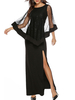 Maxikleider Langarm Schwarz Jewel Neck Split Front Layered Polyester Bodenlanges Kleid