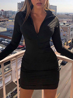Maxikleider Langarm Schwarz Stehkragen Reißverschluss Polyester Bodenlanges Kleid