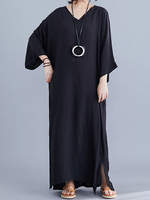 Maxikleider Langarm Schwarzes Kleid aus Baumwolle mit V-Ausschnitt