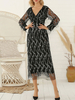 Maxikleider Langarm Schwarzes V-Ausschnitt Pailletten Layered Polyester Langes Kleid