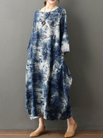 Maxikleider Langarm Tiefblaue Blumendruck Jewel Neck Layered Cotton Bodenlanges Kleid