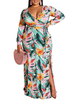 Maxikleider Langarm Tropical Print V-Ausschnitt Schärpe Bodenlanges Kleid