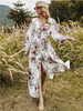 Maxikleider Langarm Weißes Blumenmuster V-Ausschnitt Plissee Cabrio Polyester bodenlanges Kleid