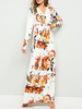 Maxikleider Langarm Weißes Blumenmuster V-Ausschnitt Schnürung Polyester Baumwolle Langes Kleid