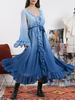 Maxikleider Lange Ärmel Blau V-Ausschnitt Schnürschichten Polyester bodenlanges Kleid