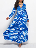 Maxikleider Lange Ärmel Blauer Farbblock V-Ausschnitt Schnürung Layered Wrap Long Dress