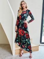 Maxikleider Lange Ärmel Blumendruck Muster Jewel Neck Polyester Schwarz Bodenlanges Kleid