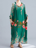 Maxikleider Lange Ärmel Grüner Blumendruck Kleid mit Baumwollmuster und V-Ausschnitt