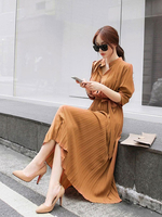 Maxikleider Lange Ärmel Orange Stehkragen Polyester bodenlanges Kleid
