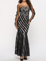 Maxikleider Lange Ärmel Schwarze Streifen Jewel Neck Plissee Layered Polyester Bodenlanges Kleid