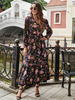 Maxikleider Lange Ärmel Schwarzes Blumenmuster V-Ausschnitt Schärpe Polyester bodenlanges Kleid