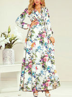 Maxikleider Lange Ärmel Weißer Blumendruck Kleid mit V-Ausschnitt aus Polyester; bodenlanges Kleid