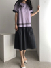 Maxikleider Lila Kurzarm Zweifarbiges; bodenlanges Kleid aus Polyester mit V-Ausschnitt und Midi-Tunika