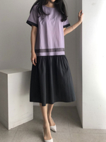 Maxikleider Lila Kurzarm Zweifarbiges; bodenlanges Kleid aus Polyester mit V-Ausschnitt und Midi-Tunika