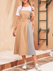 Maxikleider mit kurzen Ärmeln Camel Clolor Block-Jewel Hals Baumwolle Mischung lange Kleid