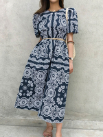 Maxikleider mit kurzen Ärmeln Dark Navy Printed Jewel Ausschnitt bodenlangen Chiffon-Kleid