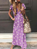 Maxikleider mit kurzen Ärmeln Lila Polka-Punkt-V-Ausschnitt Maxi Polyester Boden Strand-Längen-Kleid