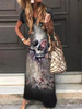 Maxikleider mit kurzen Ärmeln schwarz gedruckt V-Ausschnitt Skull Print Polyester Langes Kleid