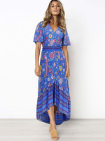 Maxikleider mit V-Ausschnitt kurzarmes Blumen Kleid übergroßes Sommer Kleid