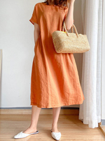 Maxikleider Orange Kurzarm Kleid Juwelenhals Kurzarm Polyester bodenlanges Kleid