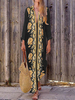Maxikleider Ärmel Schwarz gedruckt V-Ausschnitt Polyester-Strand-Kleid bodenlangen Kleid