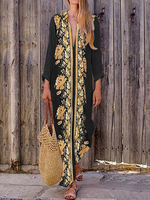 Maxikleider Ärmel Schwarz gedruckt V-Ausschnitt Polyester-Strand-Kleid bodenlangen Kleid