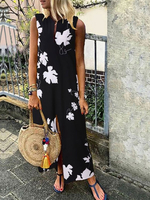Maxikleider Ärmel Schwarz Printed Jewel Neck geöffnete Schulter Split Polyester Langes Kleid