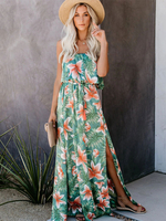 Maxikleider Ärmellos Grün Blumendruck Träger Ausschnitt Rüschen Layered Polyester Bodenlanges Kleid